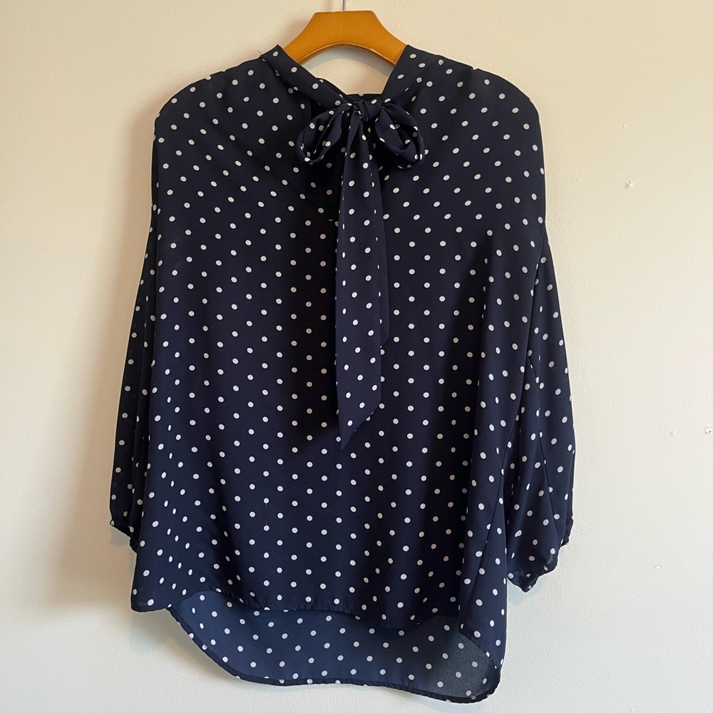 New York & Company Blue and White Puff Sleeve Blouse with Tie Front